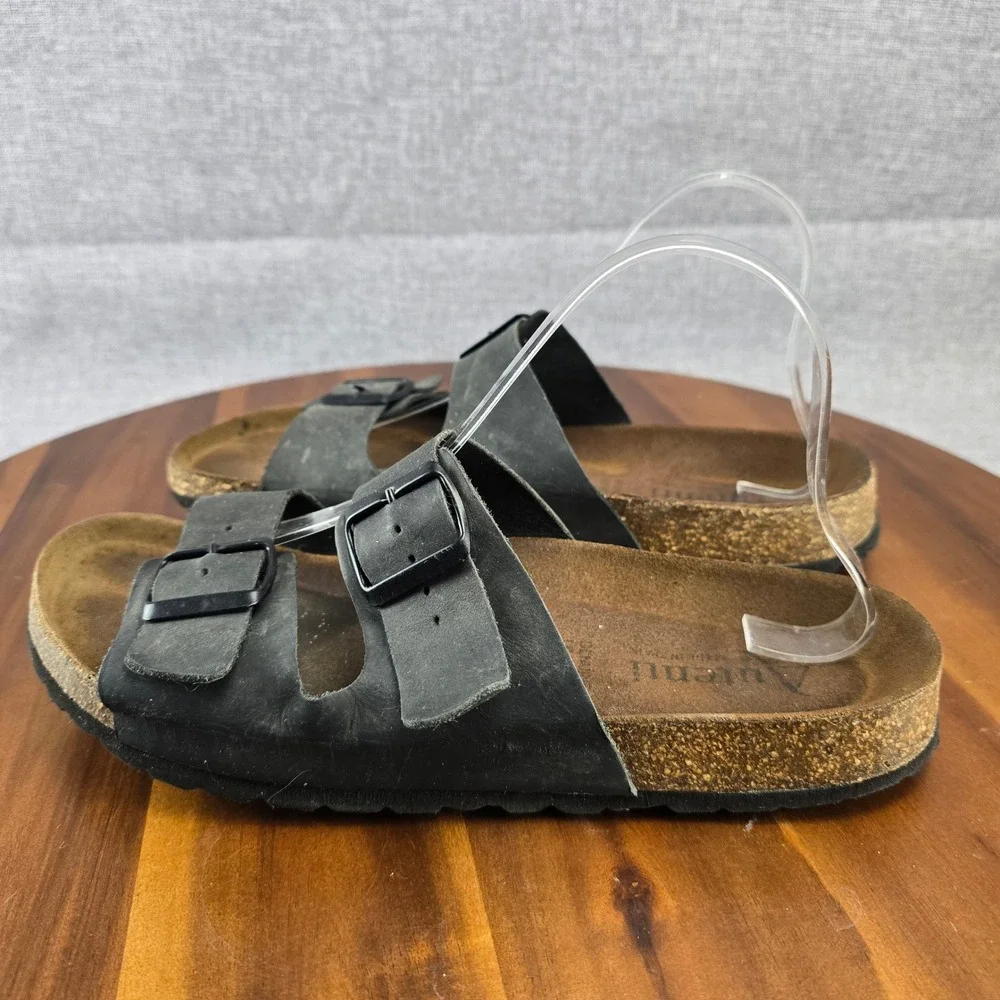Aurenti Genuine Leather Black Double Strap Buckle Cork Footbed SlideSandals SZ11